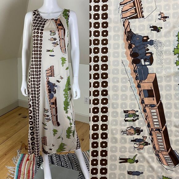 Vintage 70s Novelty Train Western Horse Cowboy Nightgown Caftan Maxi Dress M/L - Picture 1 of 14